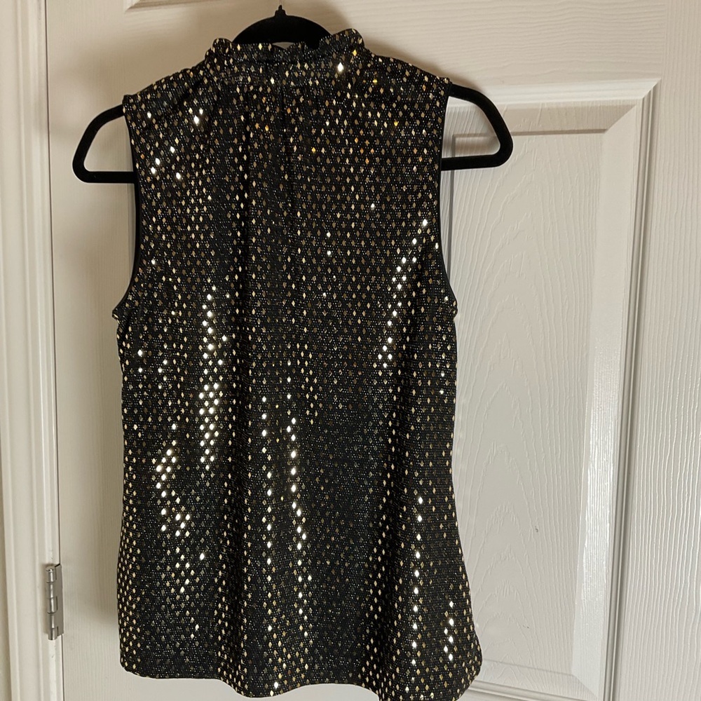 MICHAEL Michael Kors Black Gold Metallic Diamond Ruffle V-Neck Top Size M - Picture 10 of 11